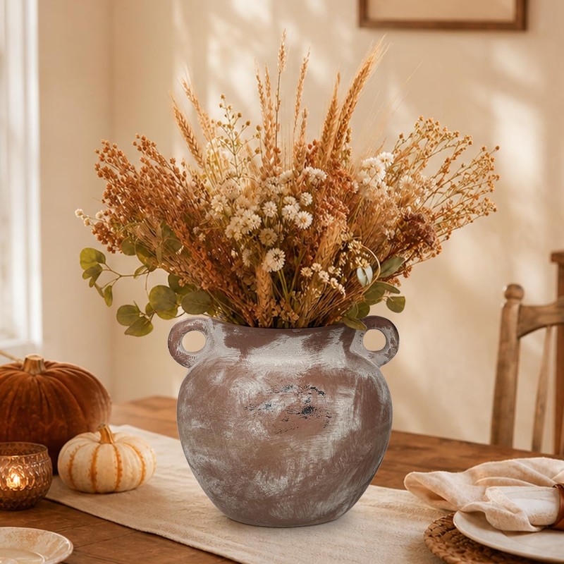Ceramic Rustic Vase for Home Decor 6 Inch Round Pottery