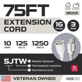 Iron Forge Cable Weatherproof 75 Ft Outdoor Extension Cord - 16/3 SJTW Heavy Duty Beige Extension Cord 3 Prong - 10 Amp Exterior Power Cable