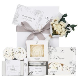 EXTALOW Regalos de spa para mujeres, cesta de regalo de baño y cuerpo, regalos de Navidad, set de spa en casa de coco y lavanda, regalo de autocuidado para mamá, hermana, esposa, regalos de cumpleaños