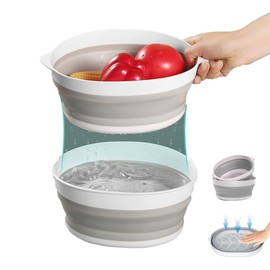 2 in 1 Collapsible Washing Basin and Food Strainer Set - 3.1 QT (3L) Plastic Collapsible Colander for Kitchen Veggies - Fruit Washing Bowl with Strainer