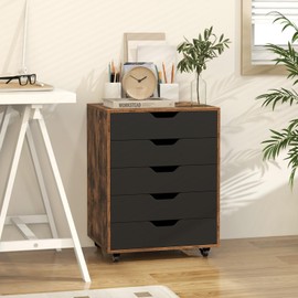 IFANNY File Cabinet, Mobile Filing Cabinet w/Universal Wheels & 5 Drawers, Wood Printer Stand with Storage, Rolling File Cabinets for Home Office, Living Room, Bedroom (Rustic Brown, 5 Drawers)