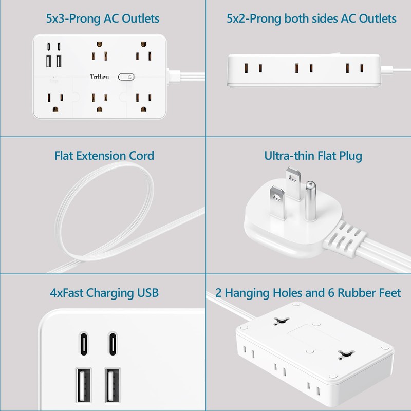 Surge Protector Power Strip 1 FT Flat Extension Cord ，10