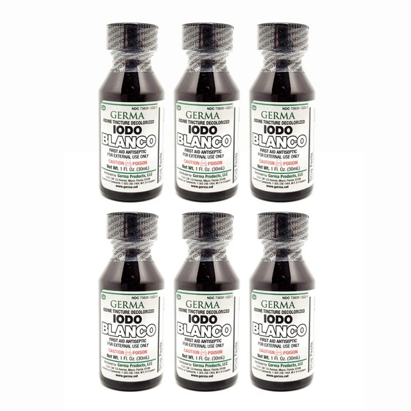 Germa White Iodine Tincture. First Aid Antiseptic. for Minor Scrapes, Cuts, Bruises and Burns. Prevents Skin Infection. 1 oz. Pack of 6