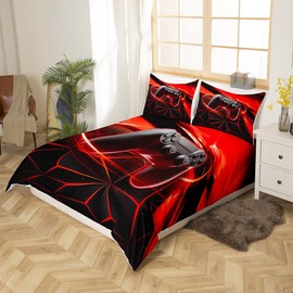 Boy Gaming Comforter Cover for Boys and girls, Teens Gamer Player Duvet Cover Single Size,Video Games with Geometric Aperture Bedding Set Youth Man Room Decorative 2 Pcs Bedding Set, Red Black