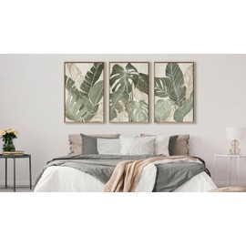 Large Framed Canvas Wall Art - Natural Float Framed Green Plantain Leaves Pictures Decor Brown Leaf Lines Artwork Paintings for Bedroom Living Room Kitchen Home Office Decoration 60" X 28" Set of 3