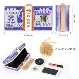 Bolso de mano de mano con diamantes de imitación para dinero en efectivo, único de noche, bolso de hombro, bolso cruzado con diamantes de imitación, Azul / Patchwork