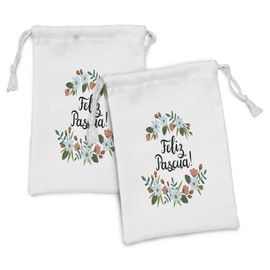 Ambesonne Spanish Fabric Pouch Set of 2, Feliz Pascua Happy Easter Celebration with Floral Wreath Greeting Joy Calligraphy, Small Drawstring Bag for Toiletries Masks and Favors, 9" x 6", Multicolor
