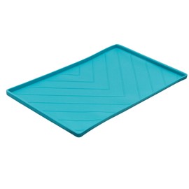 Messy Mutts Silicone Non-Slip Dog Bowl Mat with Raised Edge and Two Sides Reinforced with Metal Rods | Dog/Cat Bowl Mat with Spill-Proof Lip | Medium, 20” x 12” | Blue