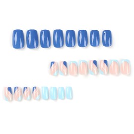 White Line Press on Nails Short Pink French Fake Nails with White Wavy Design Square Glossy Glue on Nails Artificial Acrylic Nails Blue Full Cover False Nails for Women