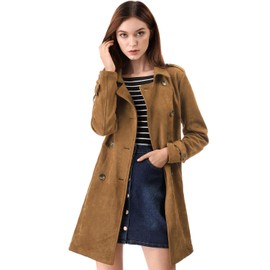 Allegra K Women's Faux Suede Trench Coat Notched Lapel Double Breasted Jacket with Belt Small Brown