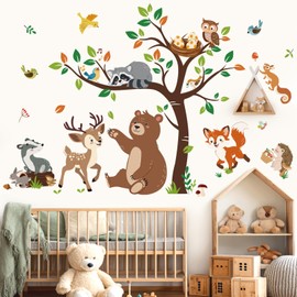 decalmile Wall Sticker Forest Animals Tree Wall Sticker Bear Deer Fox Animals Wall Sticker Nursery Baby Room Bedroom Wall Decoration