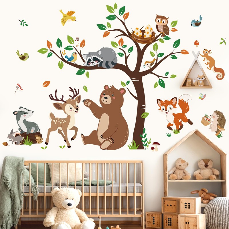 decalmile Wall Sticker Forest Animals Tree Wall Sticker Bear Deer