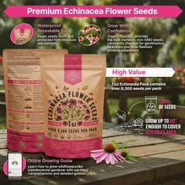 Echinacea Seeds Pack 1 oz - Over 9,300 Non-GMO Heirloom Echinacea Seeds for Planting, Perennial Flowers in Individual Seed Packet, Coneflower Seeds for Planting Home Garden Indoor & Outdoor Gardening