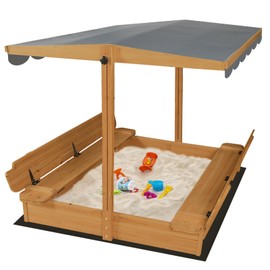 RUNSHED Wooden Sandbox for Outdoor Backyard, 48x48in Large Sand Box with Canopy for Aged 3-12 Years Old, Kid Sand Pit with 2 Foldable Bench Retractable Roof Bottom Liner (Brown)