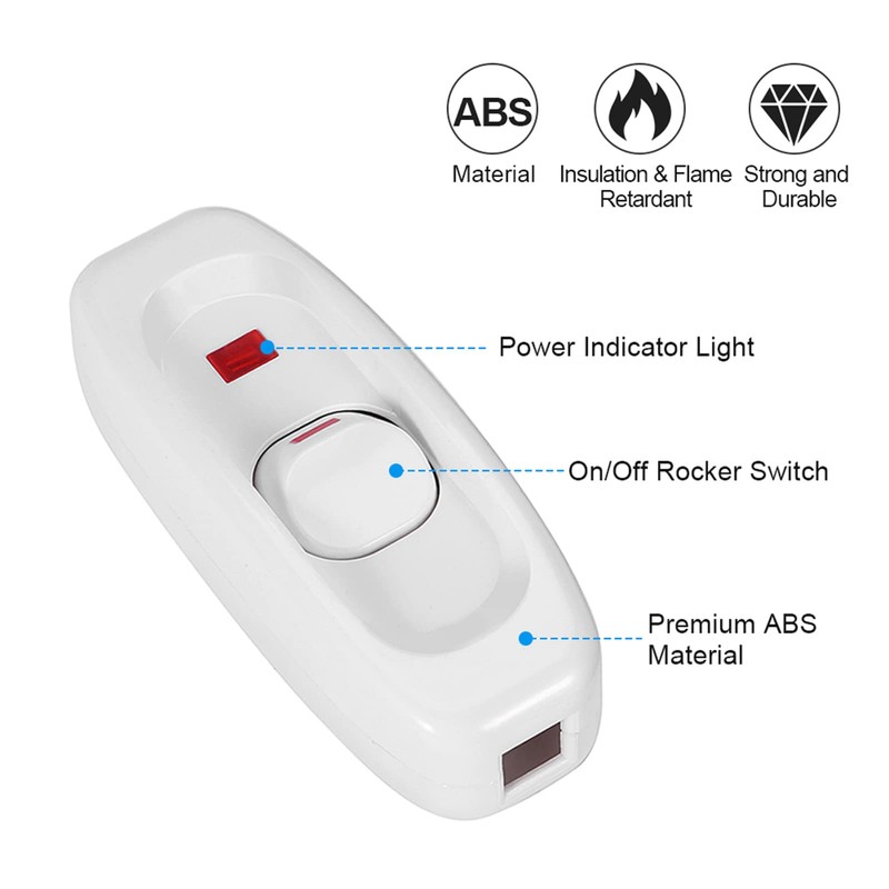 Lamp Switch, Feed-Through Switch Rocker AC 250V 10A Inline ON/OFF