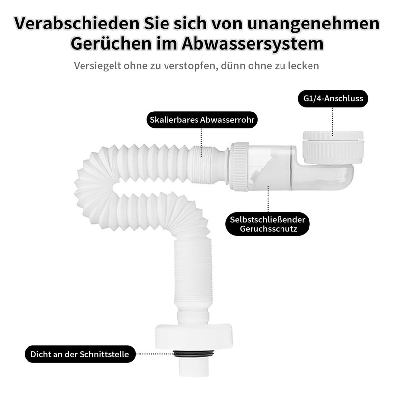 1 1/4 Inch Space-Saving Siphon - Odour-Proof Adjustable Siphon Sink