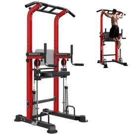soges Power Tower Dip Station with Assisted Pad, Height Adjustable Pull Up Bar Station for Home Gym, Multi-Function Strength Training Full Body Workout Equipment, 330 Lbs, Red