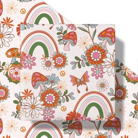 RUSPEPA Retro Boho Wrapping Paper for Girl, Mini Roll, Colorful Mushroom and Daisy Design with Rainbow Design, Vintage Gift Paper Perfect for Spring, Birthday, Boho-Themed Gifts, 17 Inches x 16.4 Feet