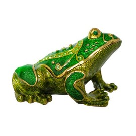 Green Frog Jewelry Trinket Box Figurine Case Vintage Collectible for Keepsake Art Decor Holder Organizer Pill Box - Magnet Secured Storage, Jeweled w/Crystals
