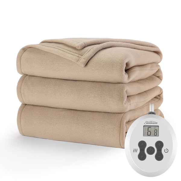 Sunbeam Royal Ultra Fleece Heated Electric Blanket Twin Size, 84" x 62", 12 Heat Settings, 12-Hour Selectable Auto Shut-Off, Fast Heating, Machine Washable, Warm and Cozy, Mushroom