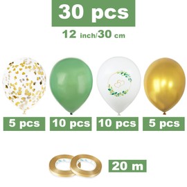 BETESSIN 30 Stück Luftballons Hochzeit - Latex Ballons 12 Zoll mit Herz Motiv - Helium Ballons Hochzeit - Hochzeitsballons für Heiratsantrag, Verlobung, Valentinstag, Hochzeitsdeko (Grün, Weiß, Gold)