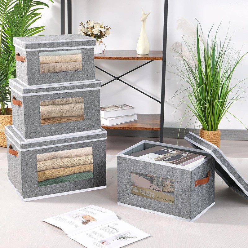 OUTBROS Storage Box with Lid, Transparent Window Organiser Box, Foldable