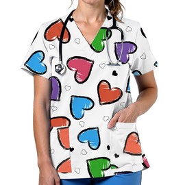 VillbeCoser Scrubs for Women V Neck Cute Printed Scrub Tops Women Nurse Shirt Soft Casual Uniform(D3365-White L)