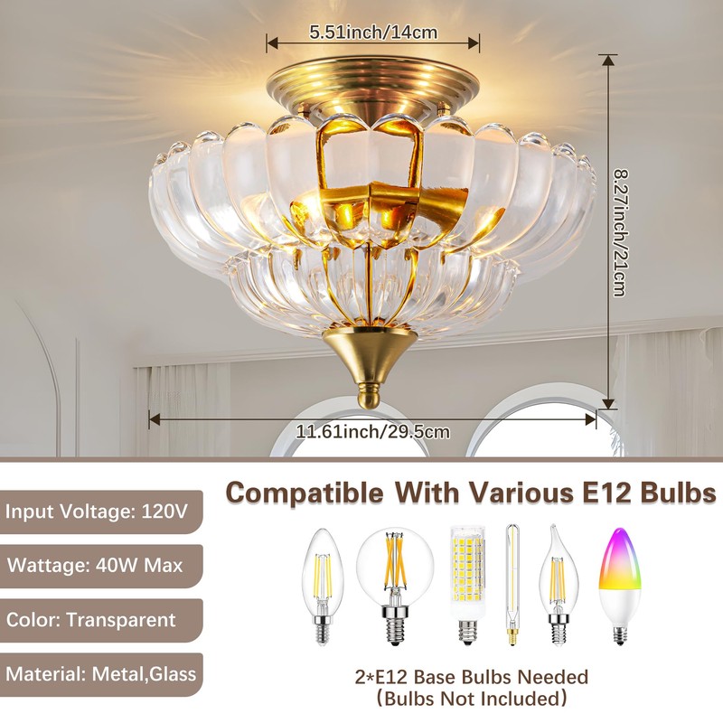 FTL Gold Semi Flush Mount Ceiling Light, Vintage Scalloped Transparent