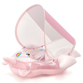 Baby Swimming Float, Baby Inflatable Pool Float with Sun Canopy Seat for 3-12 Months, Baby Girl Inflatable Baby Swimming Ring Pool Float for Infant Toddler Kids (Pink Unicorn)