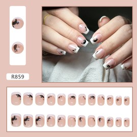 24Pcs Short Press on Nails Square RTKHFZE French Tip Press On Nails Coffin Fake Nails with Cartoon Black Cat Designs False Nails Nude Pink Acrylic Nails with Full Cover Stick on Nails for Women