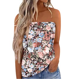 IWOLLENCE Women's Floral Tube Tops Casual Summer Backless Strapless Top Sleeveless Bandeau Tanks Shirt Flowy Beach Coverups Black Colorful Flower, XL