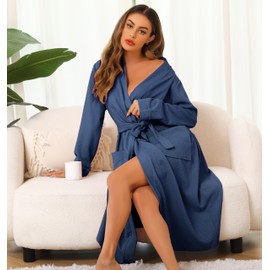 Vlazom Waffle Dressing Gowns Lightweight Kimono Robe Cotton Soft Bathrobe for All Seasons Spa Hotel Nursing Pregnancy Blue,XL