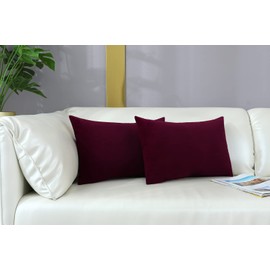 mixeoo Comfy Burgundy Red Throw Pillow Covers Decorative Lumbar Solid Rectangle Thick Velvet Super Soft Cushion Cases Home Decor for Sofa Couch Living Room Chair, Set of 2, 12 x 20 Inch