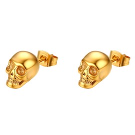 JewelryWe Mens Skull Stud Earrings Gold Tone Punk Rock Style Hip Hop Stainless Steel Earring