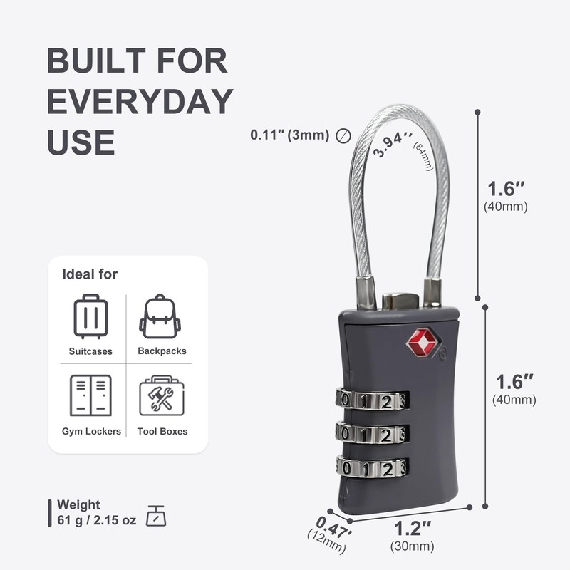 TSA Locks for Luggage, Small Combination Padlock with Cable, Luggage