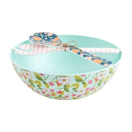 Mud Pie Cherry Melamine Serve Set, bowl 4" x 11" dia | utensils 10 1/2", Blue