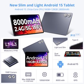 Tablet 11 Inch Android 15 Tablets, 8-Core Processor 16GB RAM 128GB ROM(Expandable up to 1TB), 8000mAh Long Battery Life, 5+13 MP Dual Camera, 2 in 1 Tablet with Keyboard Mouse Stylus, Gray