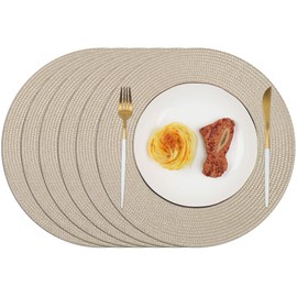 Homcomodar Round Place Mats, Set of 6, Washable, 34 cm Place Mats, Heat Resistant Table Placemats, Food Mat for Kitchen, Dinner (Khaki)