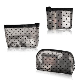 WisePoint Travel Makeup Bag 3pcs, Nylon Makeup Pouch Cute Cosmetic Travel Bag with Heart Print, Mesh Zipper Pouch Bags Portable Small Makeup Bag Cosmetic Bags for Women and Girls (3)