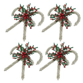 Saro Lifestyle Sweet Treats Beaded Candy Cane Napkin Ring (Set of 4), Silver