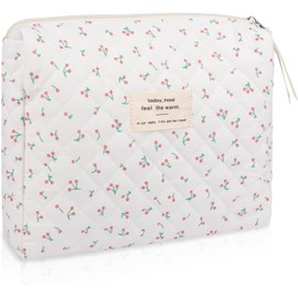 Large Makeup Bag, Cute Cosmetic Bag for Women Girls, Floral Coquette Aesthetic Toiletry Bag, Travel Make Up Organizer Bag (White Cherry)