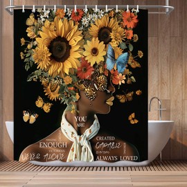 African American Shower Curtains Vintage Sunflower Flower Black Girl Shower Curtain Positive Confident Women Bath Curtain Waterproof Polyester Fabric Bathroom Accessories Decor with 12 Hooks, 70X70