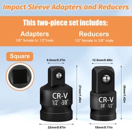 2PCS Impact Socket Adapter Set, Alloy Steel 1/2" Female to 3/8" Male Reducer, 3/8” Female to 1/2” Male Drive Adapters Conversions for Impact Wrench(Black)