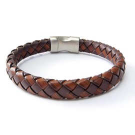 Silverso Men's Leather Bracelet with Stainless Steel Clasp，8.2" Brown Woven