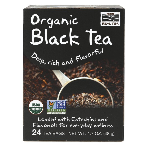 NOW Foods, Certified Organic Black Tea, Deep Rich Flavor, Non-GMO, with Catechins and Flavonols, Premium Unbleached Tea Bags with No-Staples Design, 24-Count