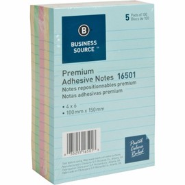 Business Source 16501 Adhesive Notes, Ruled, 4-Inch x6-Inch , 100 Sh/PD, 5/PK, Pastel AST