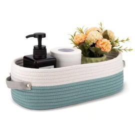 Handmade Cotton Rope Storage Basket with Leather Handles - Nordic Style for Home, Toys Nursery Decor, Skin Care & Desktop Organizer, Small Basket for Storage, Bathroom, Nursery (Mint)