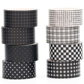YUBX Black Grid Washi Tape Set 8 Rolls Plaid Decorative Masking Tapes for Arts, DIY Crafts, Journals, Planners, Scrapbook, Wrapping