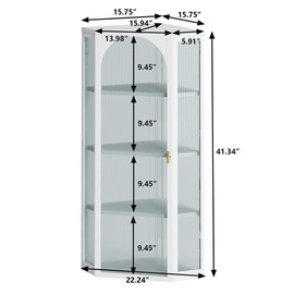 Tzou Bathroom Storage Corner Vanity Cabinet, Ribbed Glass Door 4 Internal Storage Racks, Space-Saving Storage Rack for Kitchen, Living Room, Bedroom White