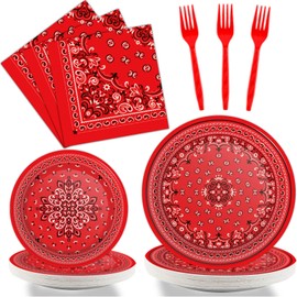 96 Pcs Red Bandana Western Party Plates Napkins Tableware Set Paisley Cowboy Cowgirl Farm Themed Supplies Disposable Dinnerware Western Decoration Favors for Kids Baby Shower Birthday, 24 Guests